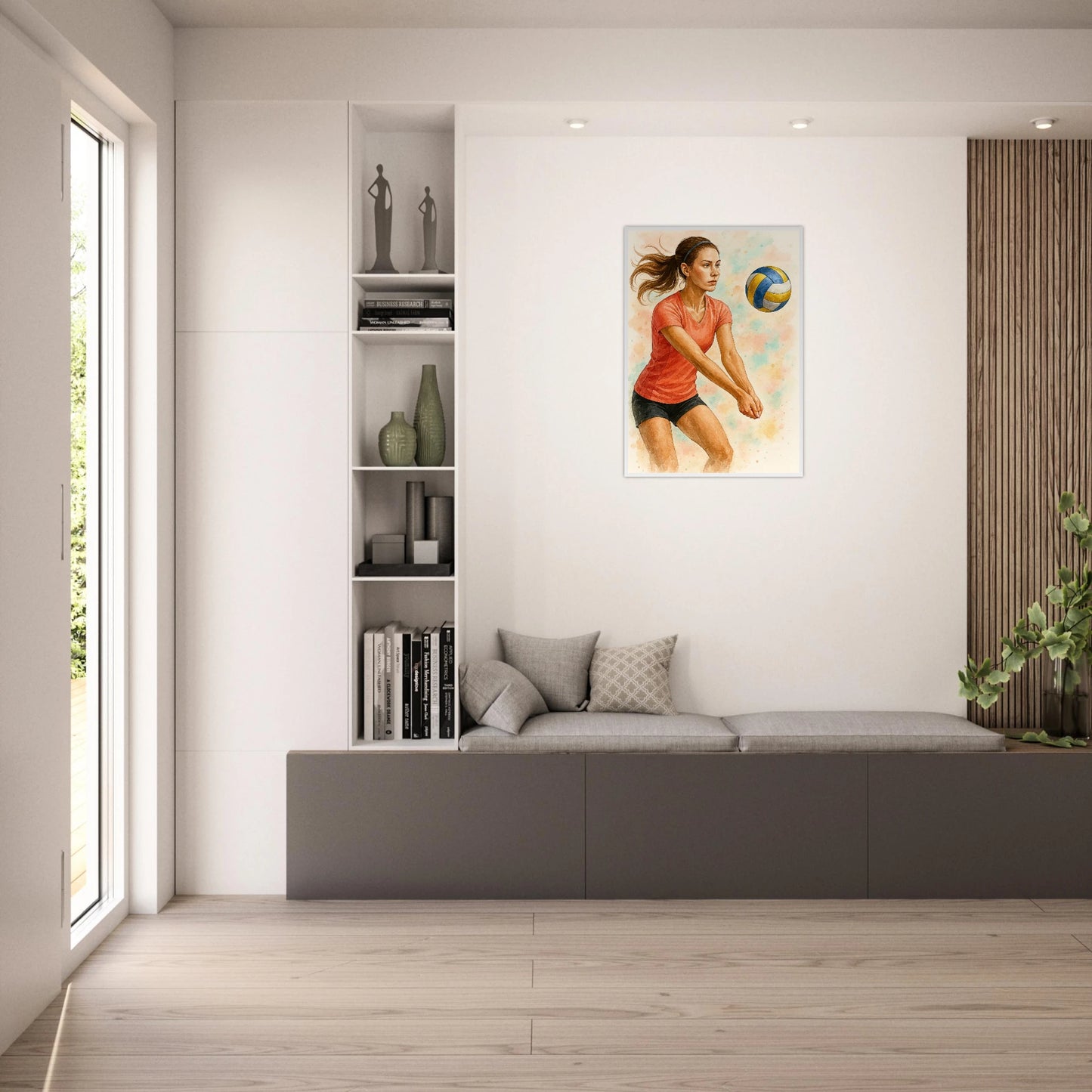 Gerahmtes Poster „Power & Grace“ in heller Wohnzimmer Einrichtung – sportliche Wandkunst für Volleyball Liebhaber.