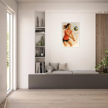 Gerahmtes Poster „Power & Grace“ in heller Wohnzimmer Einrichtung – sportliche Wandkunst für Volleyball Liebhaber.