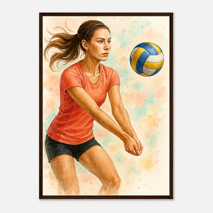 Volleyball Poster „Power & Grace“ im dunkelbraunen Holzrahmen – elegante Wandkunst für Wohnzimmer, Büro oder Fitnessraum.