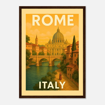 Rome Poster im dunkelbraunen Holzrahmen – Vintage Illustration mit dem Petersdom und italienischer Architektur als edle Wanddekoration.
