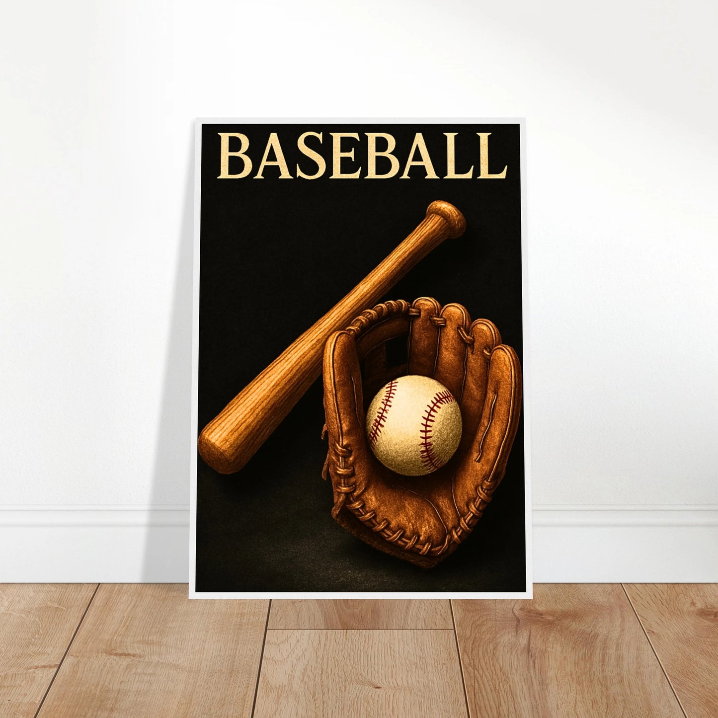 Baseball Poster „Timeless Tradition“ an die Wand angelehnt – trendige Sportkunst als dekorative Wandgestaltung.