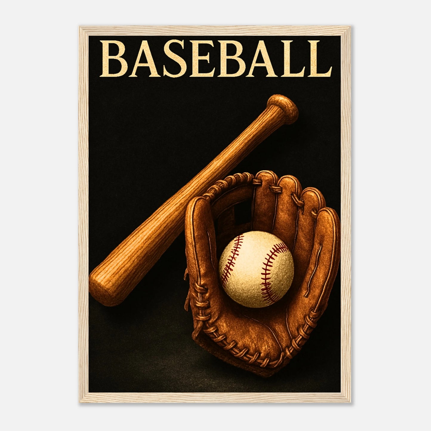 Baseball Poster „Timeless Tradition“ im hellbraunen Holzrahmen – sportliche Wandkunst für Wohnzimmer oder Büro.