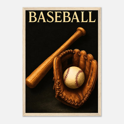 Baseball Poster „Timeless Tradition“ im hellbraunen Holzrahmen – sportliche Wandkunst für Wohnzimmer oder Büro.
