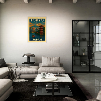 Tokyo Poster im dunklen Wohnzimmer – dekorative Wandkunst mit Skyline Tokyos, Tempeln und Pagoden im Retro-Stil.