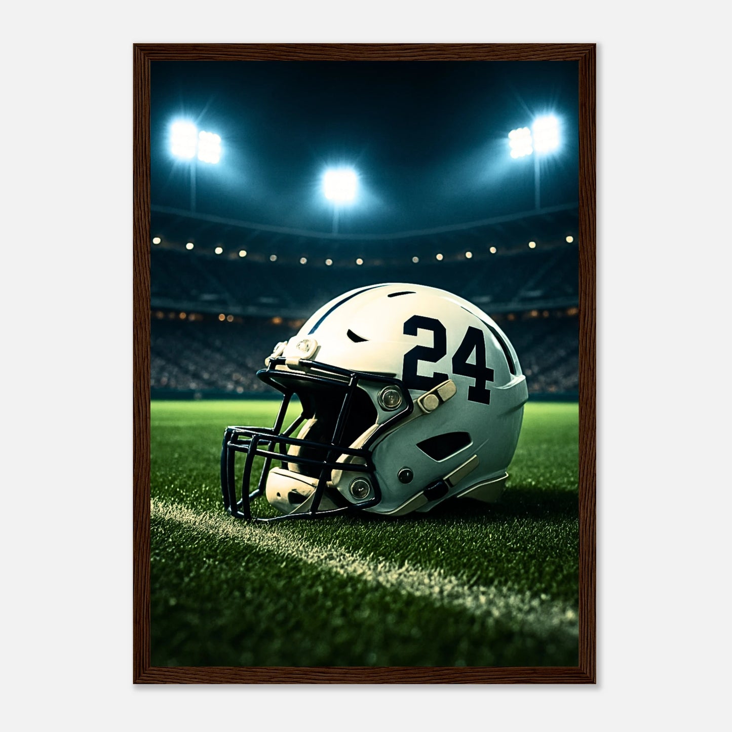 „Under the Lights“ Poster im dunkelbraunen Holzrahmen – stilvolle Football Kunst mit Stadion-Atmosphäre als Wanddeko für echte Fans.