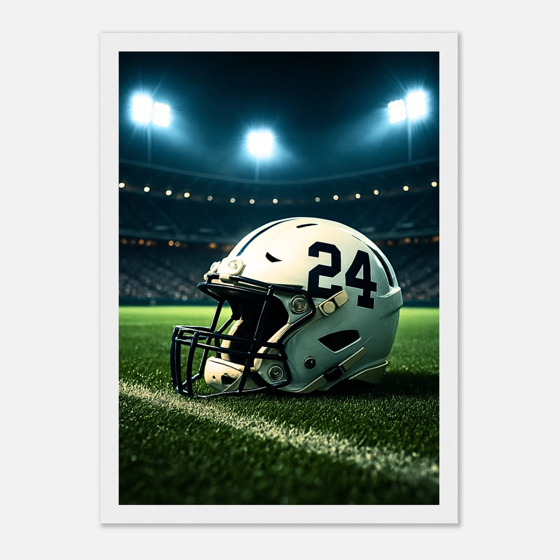 „Under the Lights“ Poster im weißen Rahmen – modernes American Football Wandbild mit Stadionflair, perfekt für Sportliebhaber.