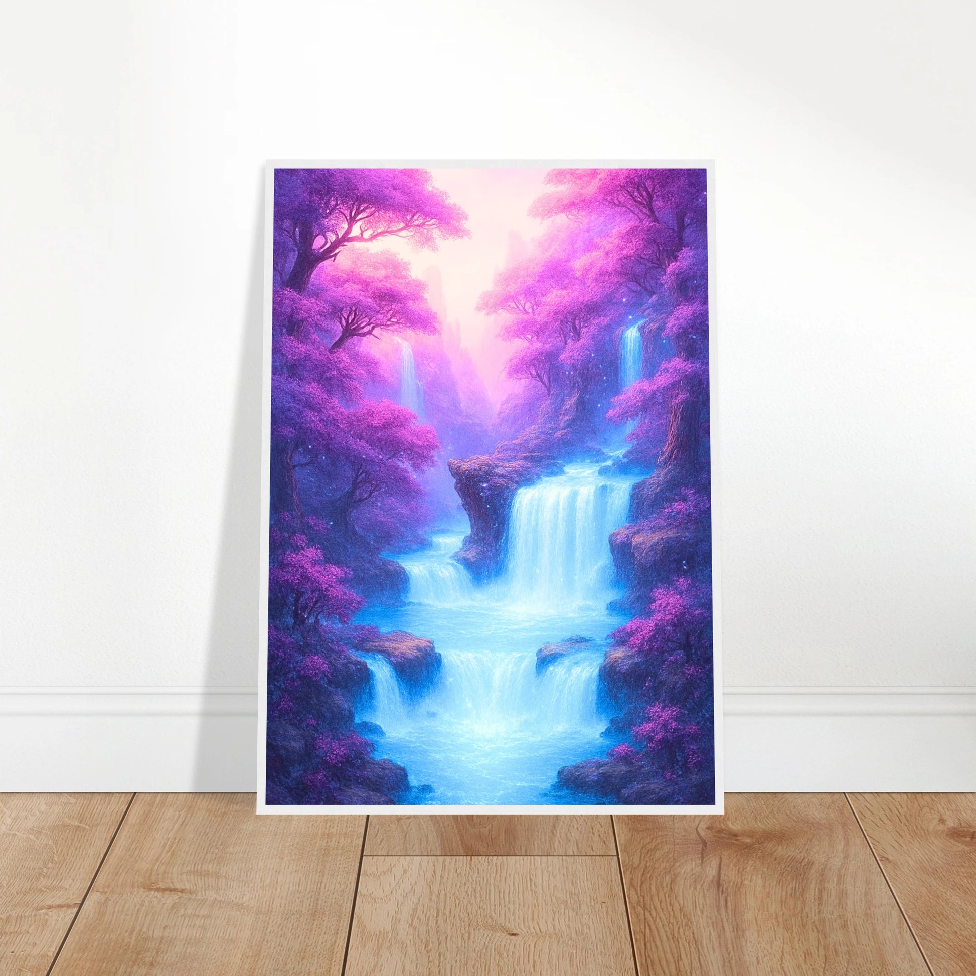 Whispers of the Enchanted Falls Poster an die Wand gelehnt – leuchtender Wasserfall in magischen Farbtönen, ideal für kreative Einrichtungsideen und moderne Dekoration.