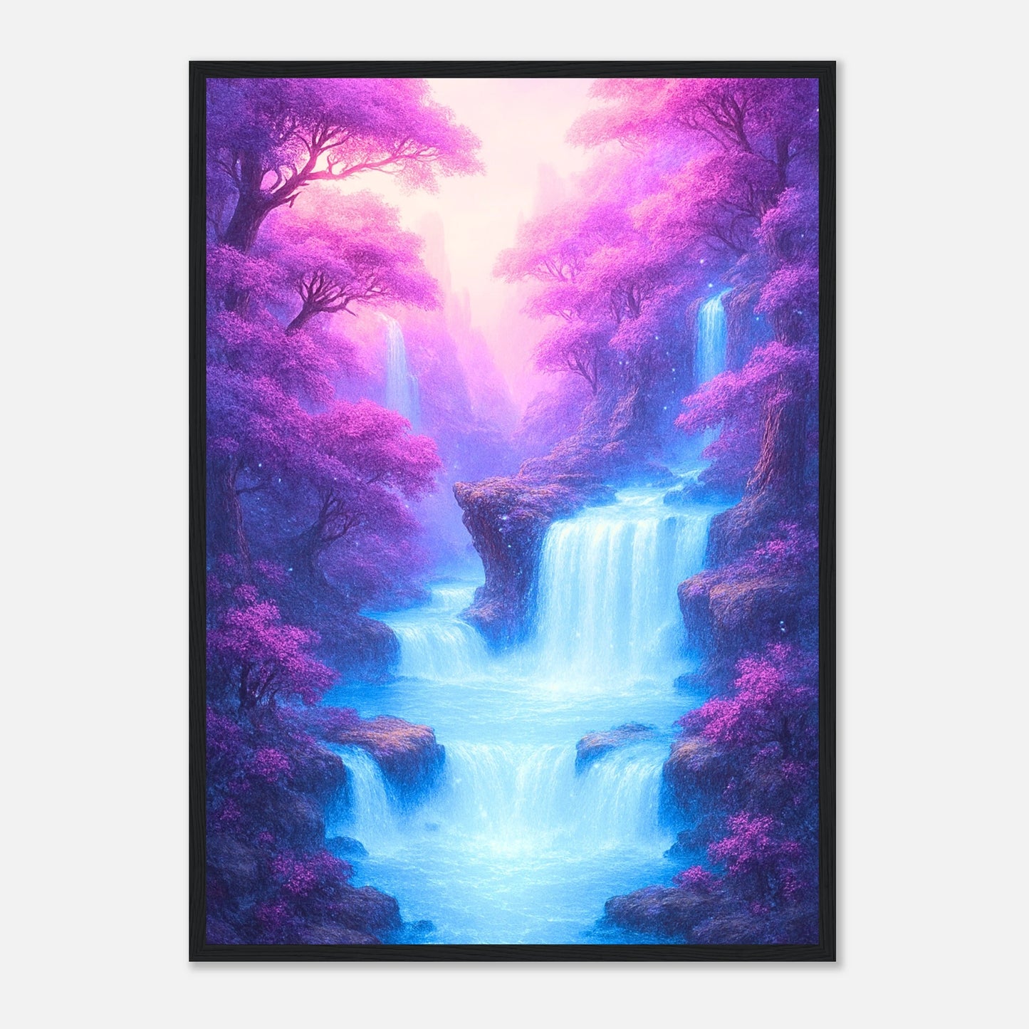 Whispers of the Enchanted Falls Poster im schwarzen Rahmen – intensives Fantasy-Motiv mit blauem Wasserfall und lila Lichtspiel, modernes Kunstwerk für magische Raumgestaltung.