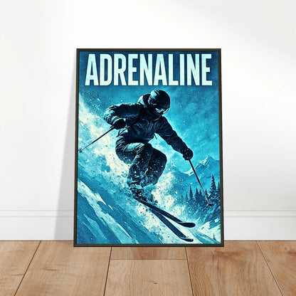 Ski-Poster „Adrenaline Rush“ an die Wand gelehnt – moderner Druck im schwarzen Metallrahmen | DEFA Designs