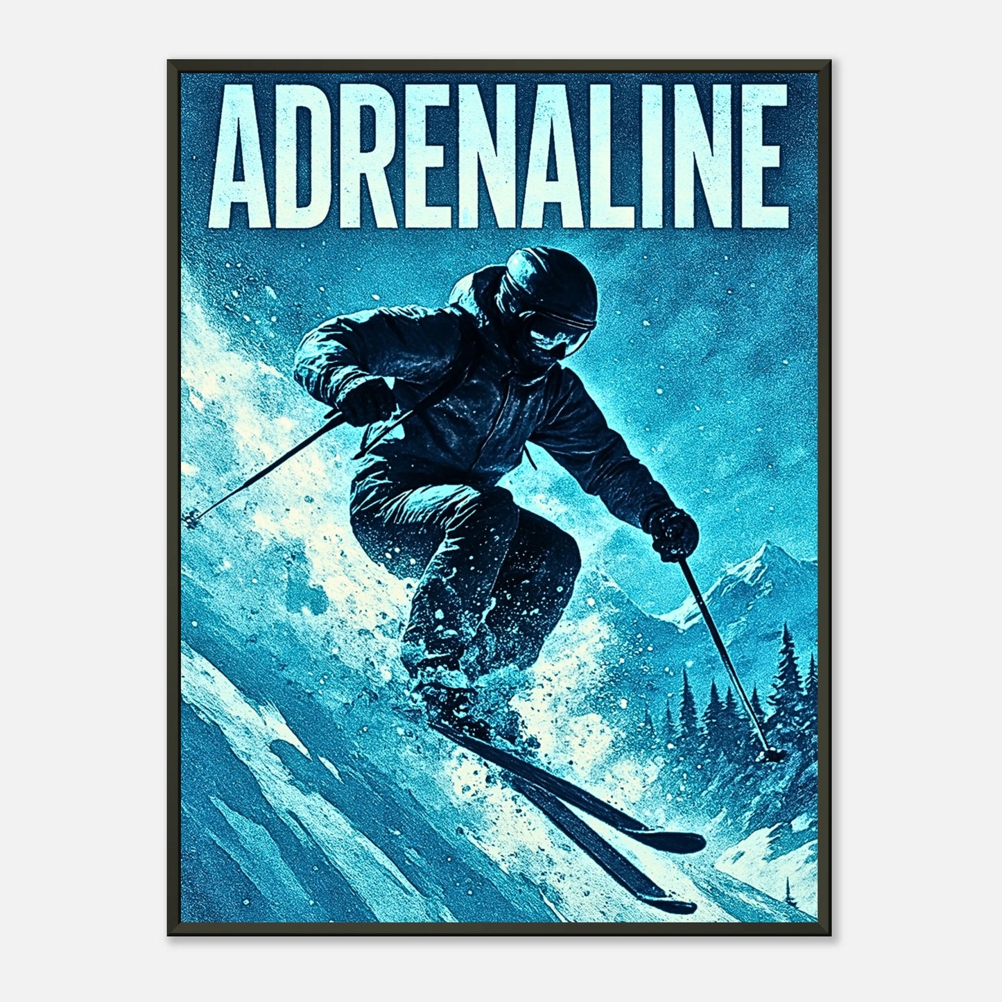 „Adrenaline Rush“ Ski-Poster im schwarzen Metallrahmen – dynamische Wintersportkunst mit Skifahrer im Sprung | DEFA Designs
