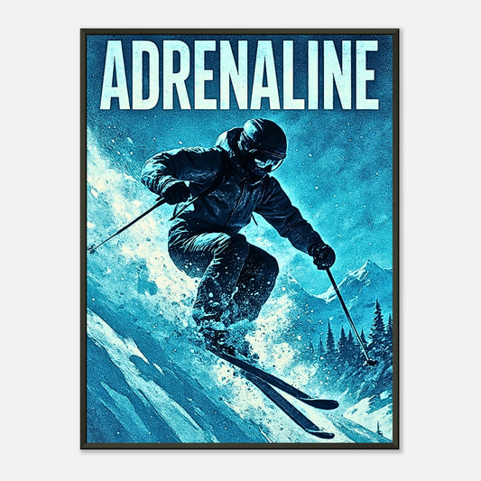 „Adrenaline Rush“ Ski-Poster im schwarzen Metallrahmen – dynamische Wintersportkunst mit Skifahrer im Sprung | DEFA Designs