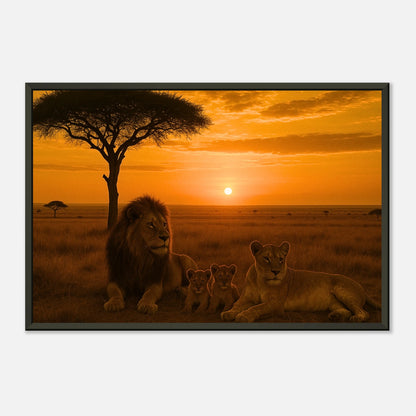 Afrikanisches Tierposter „Savannah Legacy“ – Löwenfamilie in goldener Abendstimmung, elegantes Wandbild im schwarzen Metallrahmen | DEFA Designs