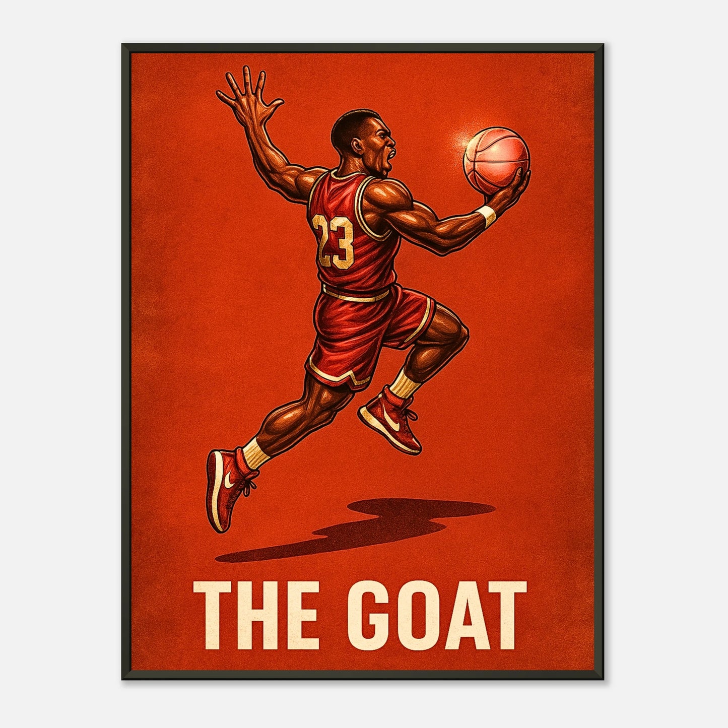Air Legend – The GOAT in Flight Poster mit schwarzem Metallrahmen, dynamischer Basketballspieler in Bewegung, moderne Sportkunst | DEFA Designs