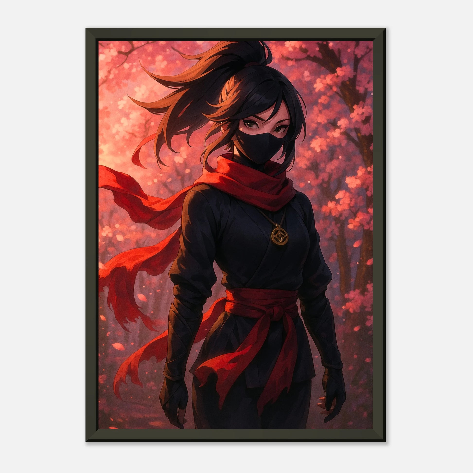 „AKARI“ Anime-Poster – kraftvolle Darstellung einer maskierten Ninja-Kriegerin in leuchtendem Rot | DEFA Designs