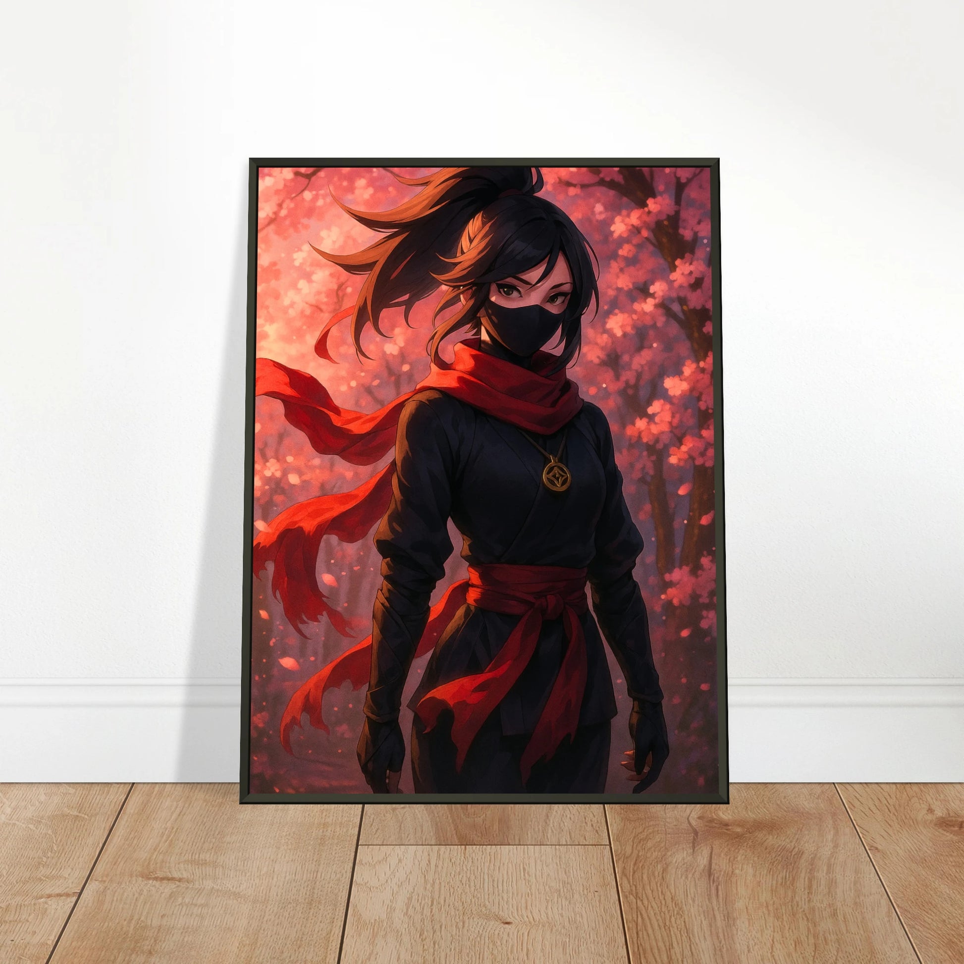 „AKARI – Blossom in the Shadows“ an die Wand gelehnt – atmosphärische Anime-Wandkunst mit rotem Farbspiel | DEFA Designs