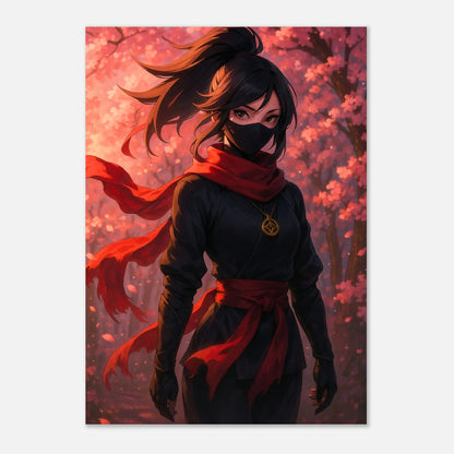 Anime Poster Akari – Blossom in the Shadows. Starke Kriegerin im roten Design, hochwertiger Kunstdruck als Wanddeko für Anime-Fans