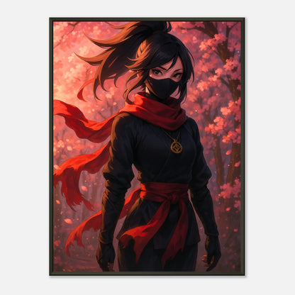 „AKARI – Blossom in the Shadows“ Poster – Anime-Ninja-Kunst mit rotem Licht & eleganter Pose | DEFA Designs