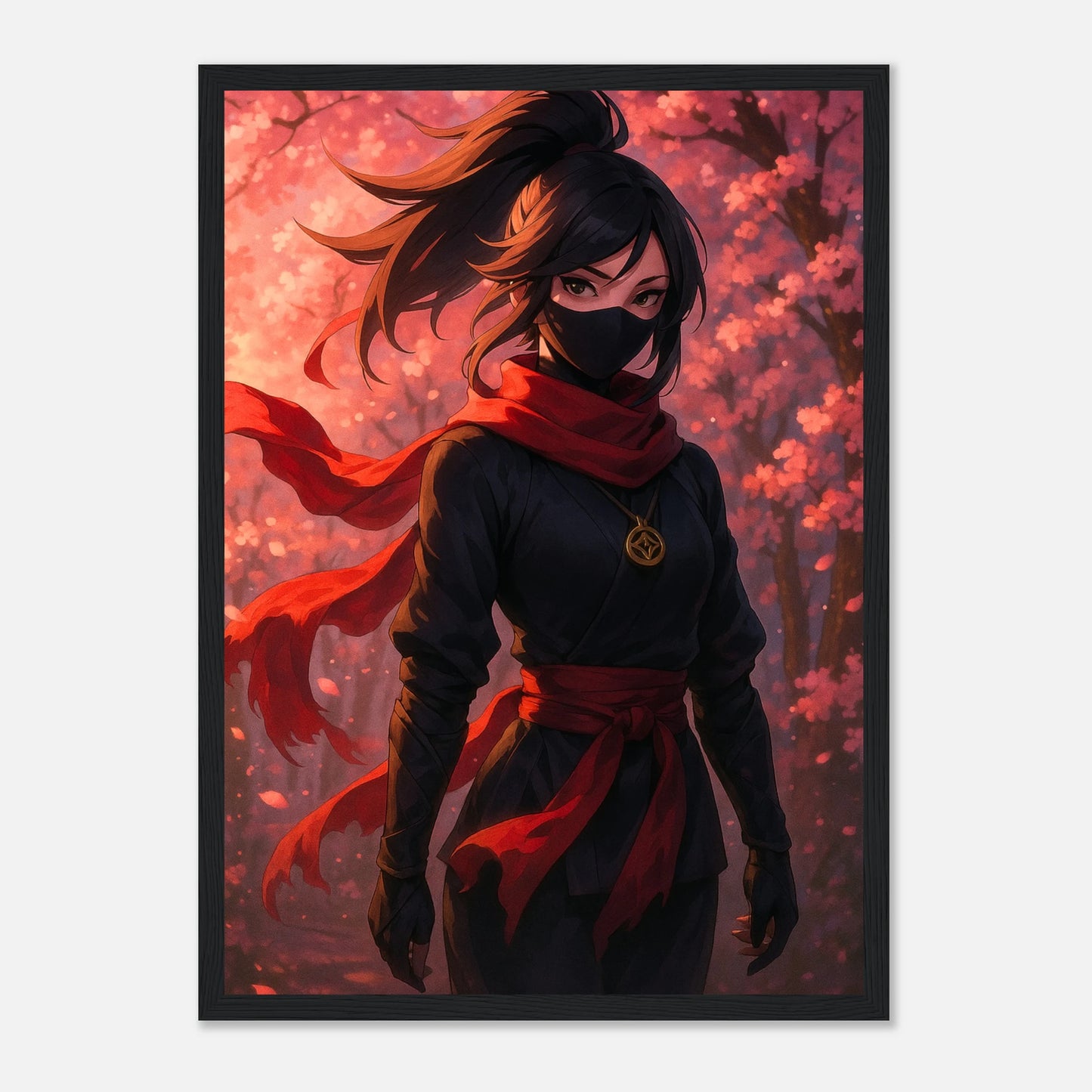 AKARI — Blossom in the Shadows Poster im schwarzen Rahmen, starke Anime-Kriegerin mit rotem Schal vor Kirschblütenhintergrund, japanische Kunst von Defa Designs.