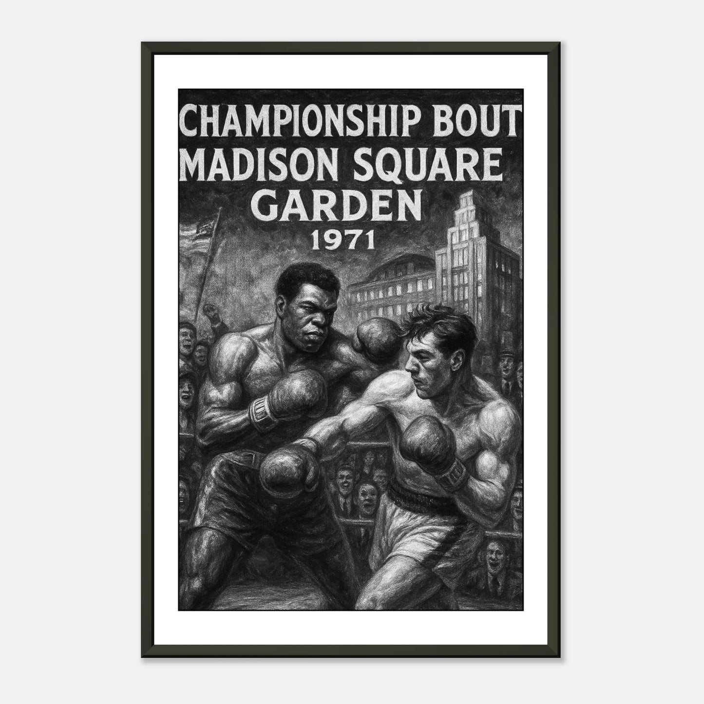 Vintage Boxkunst „Ali vs Frazier 1971“ – Fight of the Century Poster im eleganten schwarzen Metallrahmen | DEFA Designs
