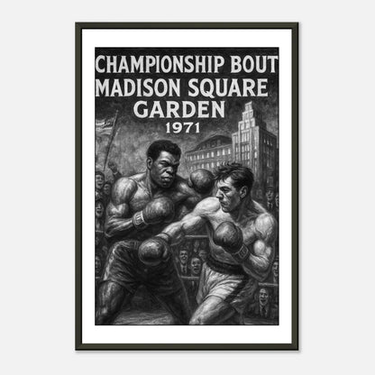 Vintage Boxkunst „Ali vs Frazier 1971“ – Fight of the Century Poster im eleganten schwarzen Metallrahmen | DEFA Designs