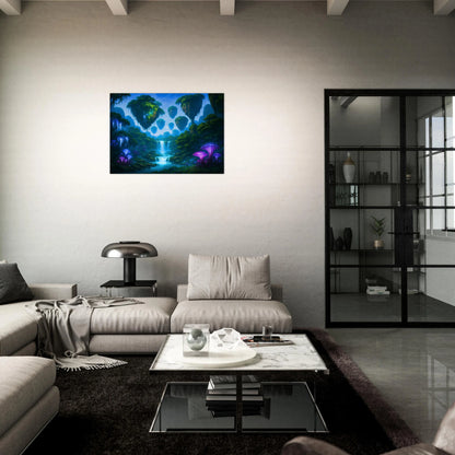 Alien world fantasy poster with floating islands and glowing mushrooms in stylish dark living room