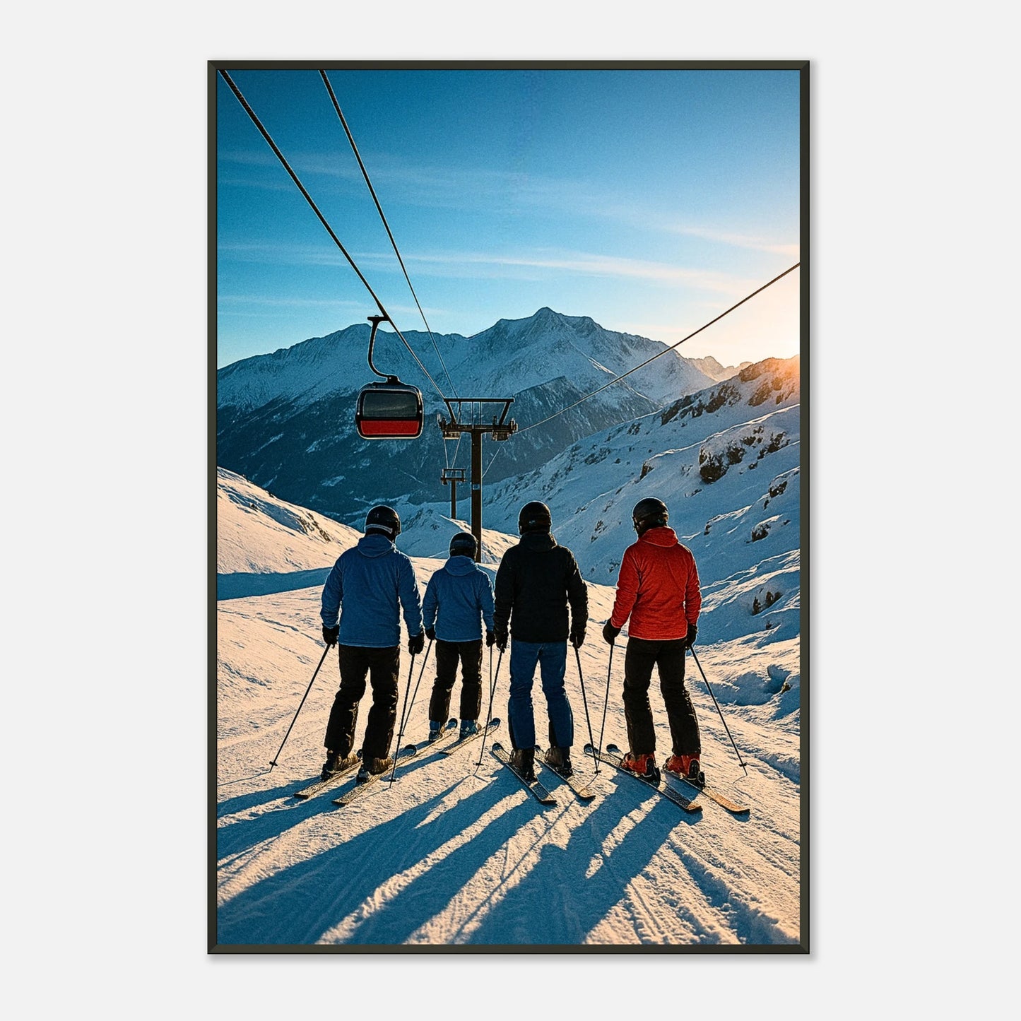 Detailaufnahme des Alpine Adventure Posters – helle Sonne, tiefe Schatten im Schnee, hochwertige Druckqualität und realistische Farbwirkung.