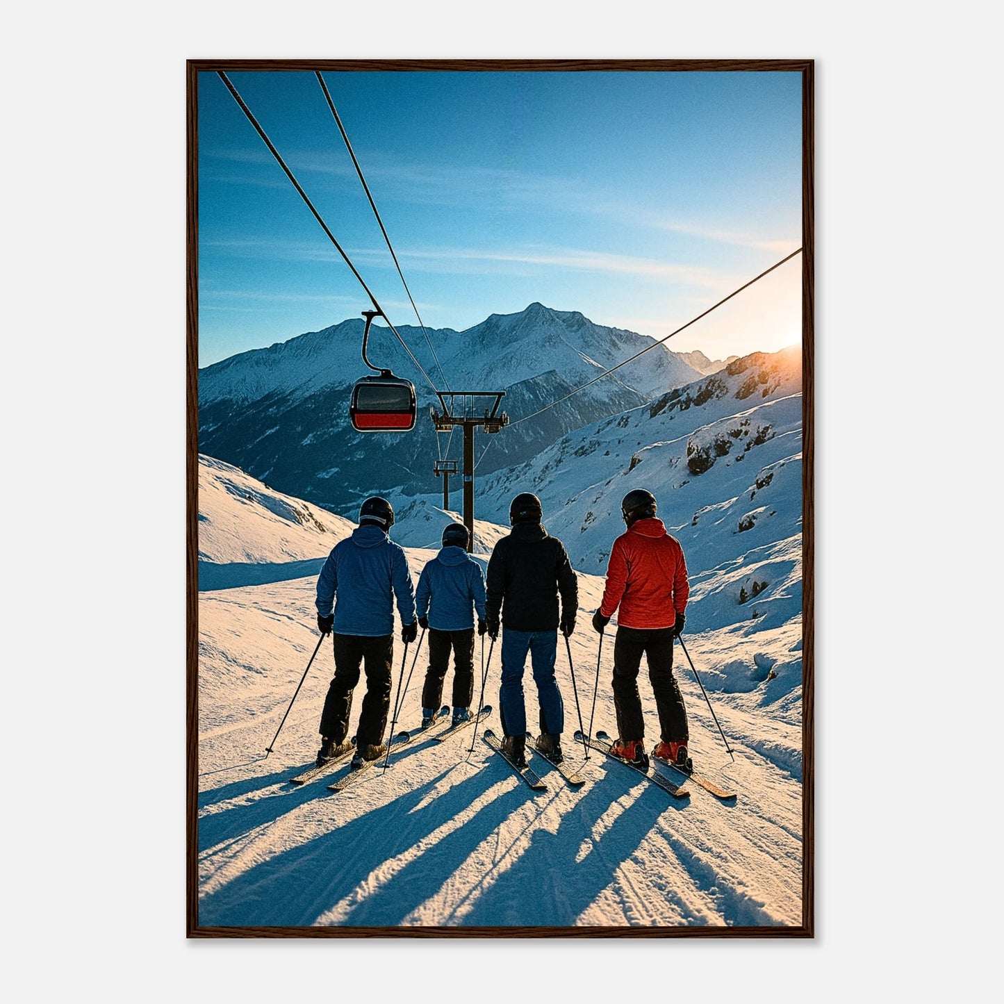 Alpine Adventure Poster im dunkelbraunen Holzrahmen – hochwertiges Ski Poster mit alpiner Winterlandschaft