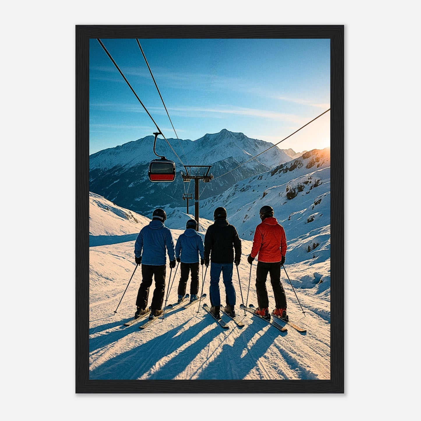 Alpine Adventure Poster im schwarzen Holzrahmen – elegantes Winter Landschaftsbild mit Bergen und Skifahrern