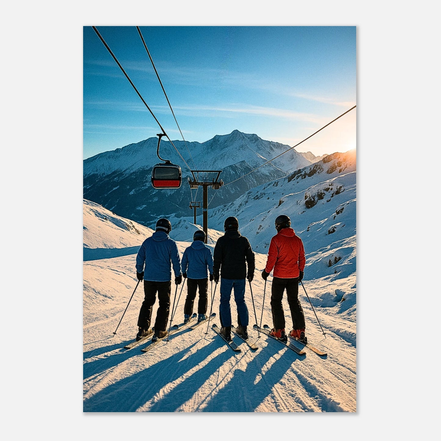 Alpine Adventure ski and mountain wall art poster – vibrant winter sports scene with snowy peaks and bright blue sky.