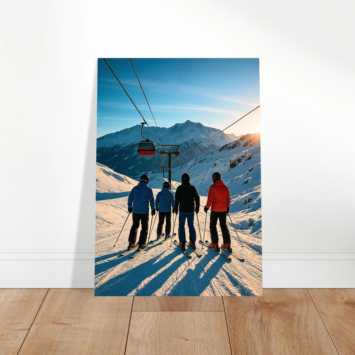 Alpine Adventure ski wall art displayed in bright modern living room – snowy mountain scene home decoration.