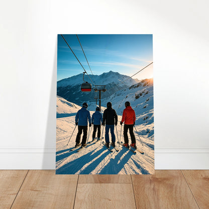 Alpine Adventure ski wall art displayed in bright modern living room – snowy mountain scene home decoration.