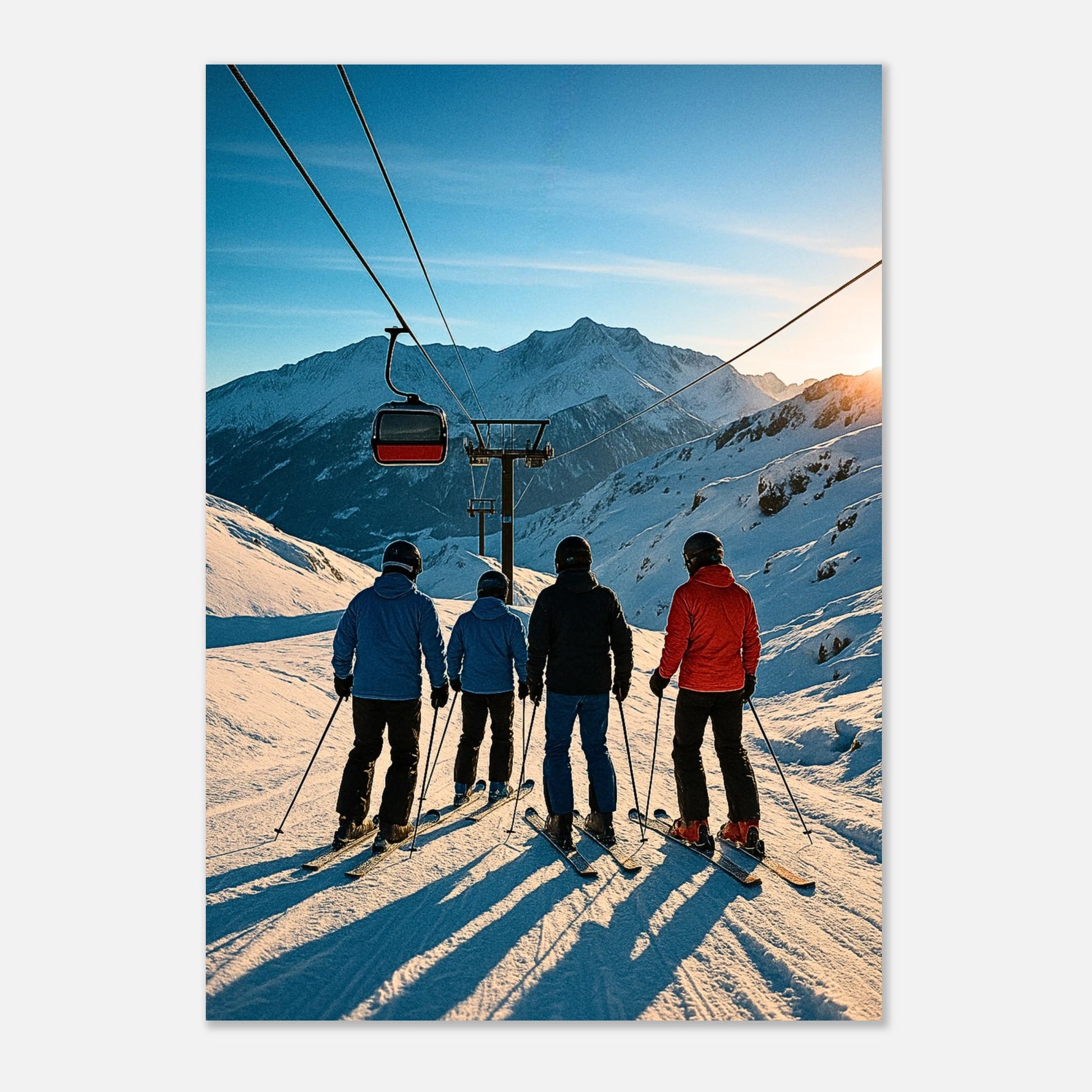 Alpine Adventure winter sports art print – skiers on snowy slopes with alpine mountains in the background.