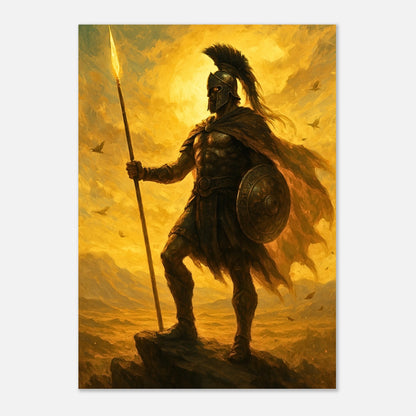 Ancient Spartan warrior wall art print with golden sky and heroic stance, fantasy poster design