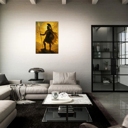 Ancient Spartan warrior poster in stylish dark living room, golden sky wall art for home decor