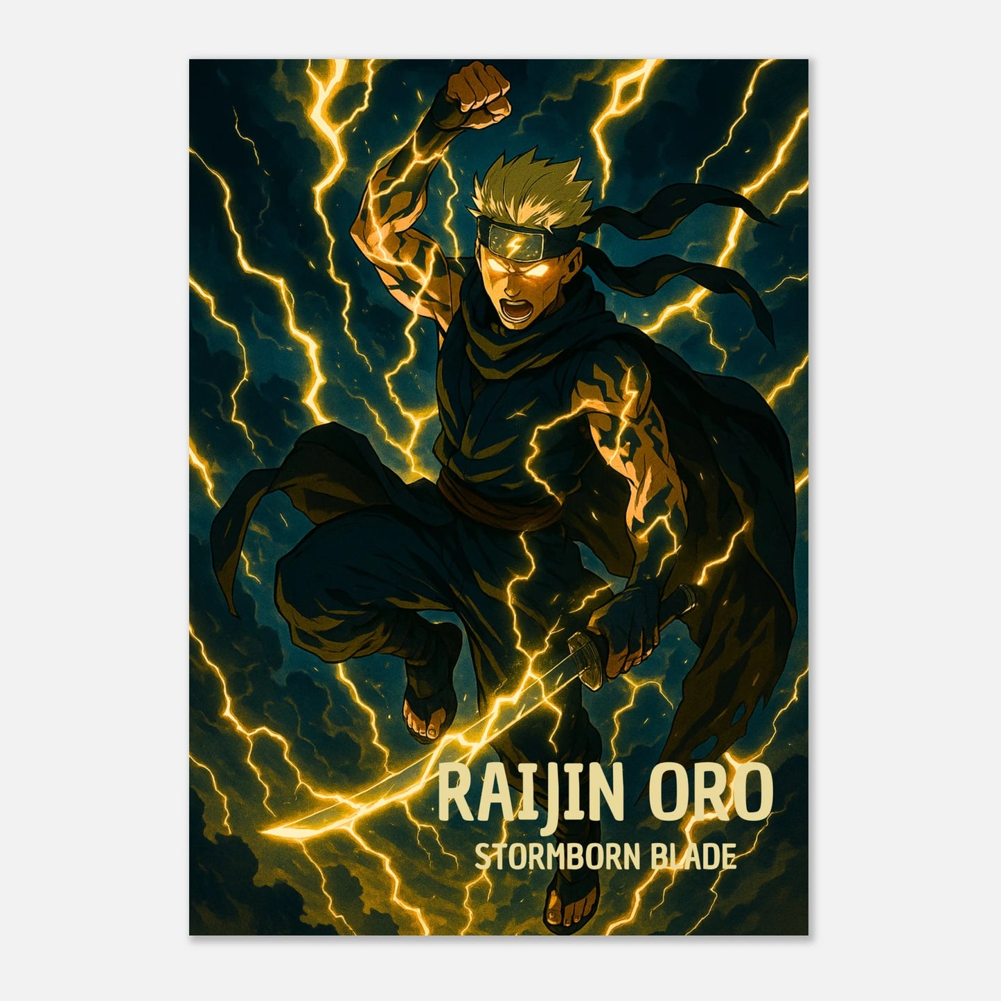 Raijin Oro Anime Poster – Storm of Thunder. Japanisch inspiriertes Wandbild mit mächtigem Krieger in Blitzenergie