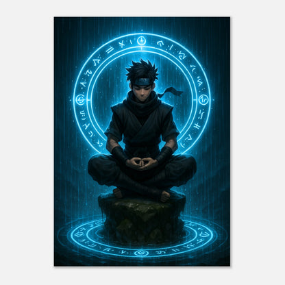 Seiryu Anime Wandbild – Circle of the Hidden Mind. Japanisch inspiriertes Poster mit meditierendem Krieger und Energie-Kreis