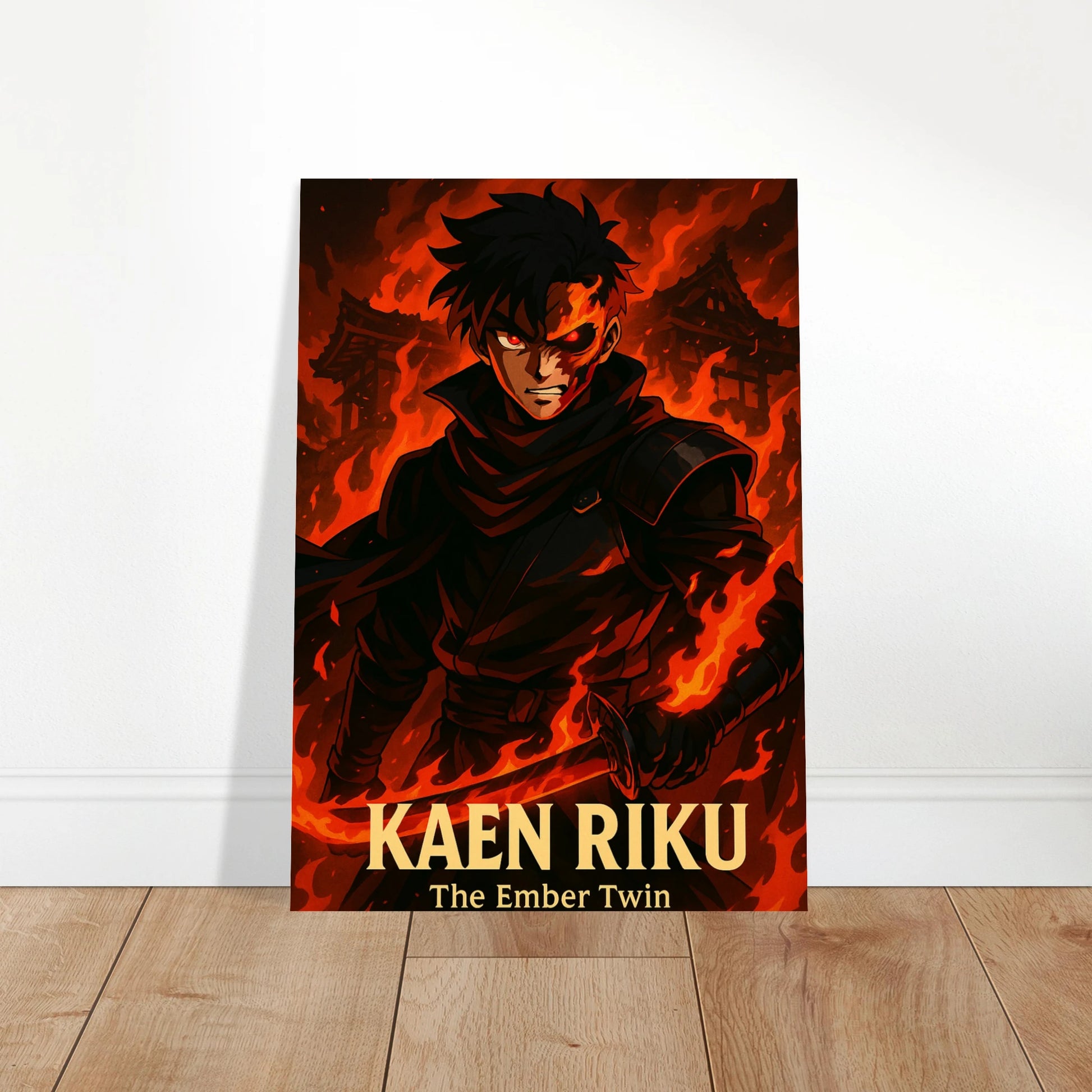 Kaen Riku Anime Poster – The Ember Twin. Stilvolle Wandkunst mit Flammenkrieger als Blickfang in modernen Wohnräumen