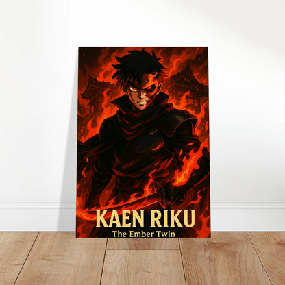 Kaen Riku Anime Poster – The Ember Twin. Stilvolle Wandkunst mit Flammenkrieger als Blickfang in modernen Wohnräumen