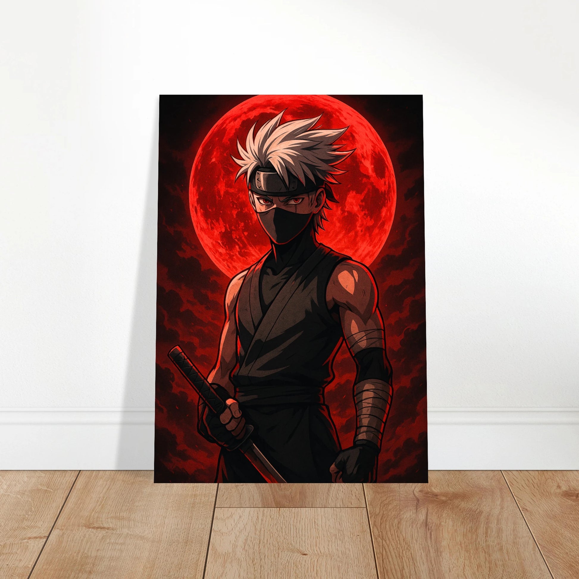 Kaze Roku Anime Poster – Blood Moon Rising. Dramatisches Wandbild mit Ninja und rotem Mond für stilvolle Einrichtung