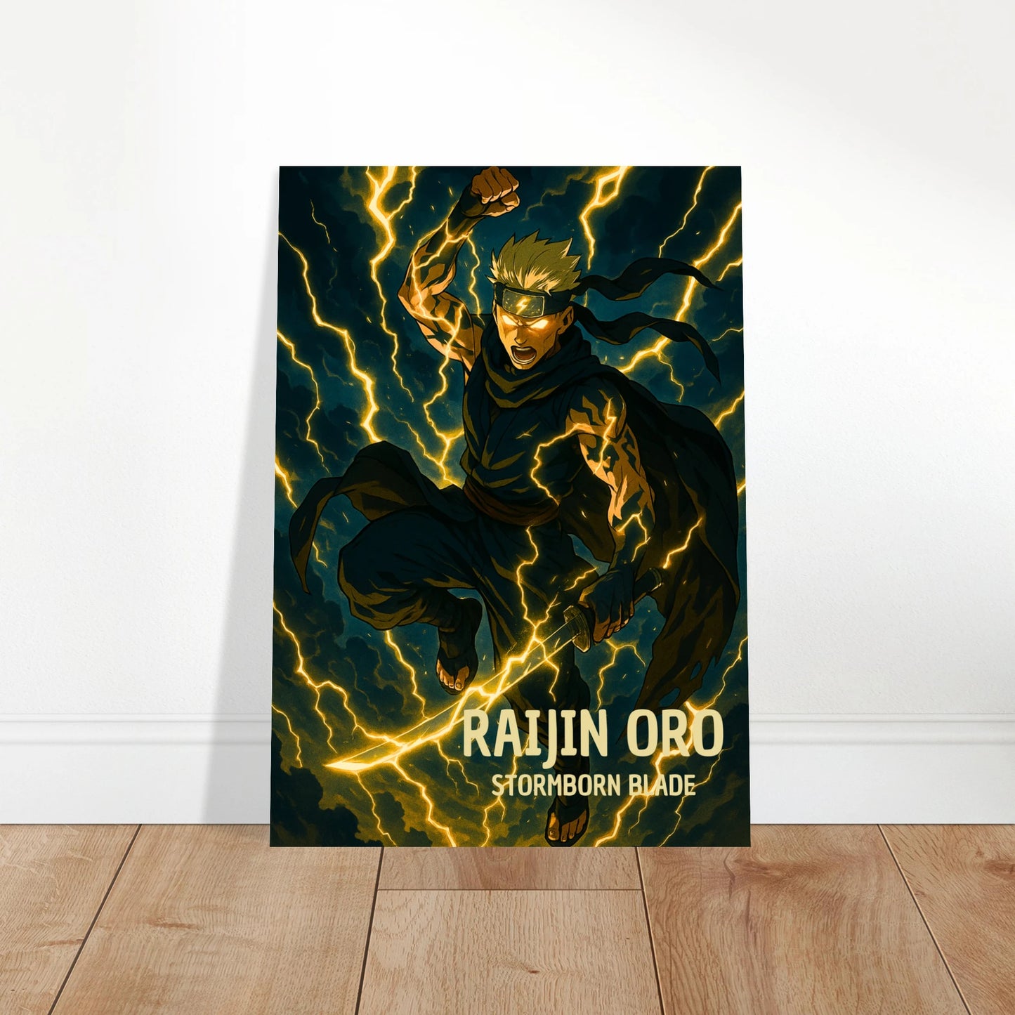 Anime Wandkunst Raijin Oro – Storm of Thunder. Kraftvolles Poster mit Blitz und Donner als moderne Raumgestaltung