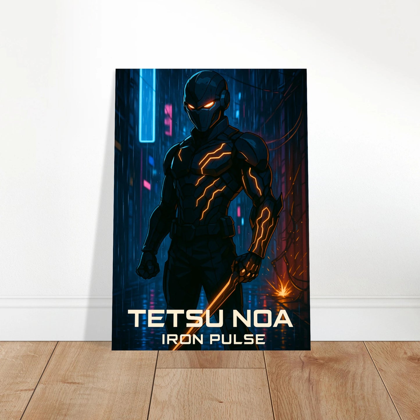 Tetsu Noa Anime Poster – Iron Pulse. Stilvolle Wandkunst mit Cyberpunk-Krieger als Blickfang in modernen Wohnräumen