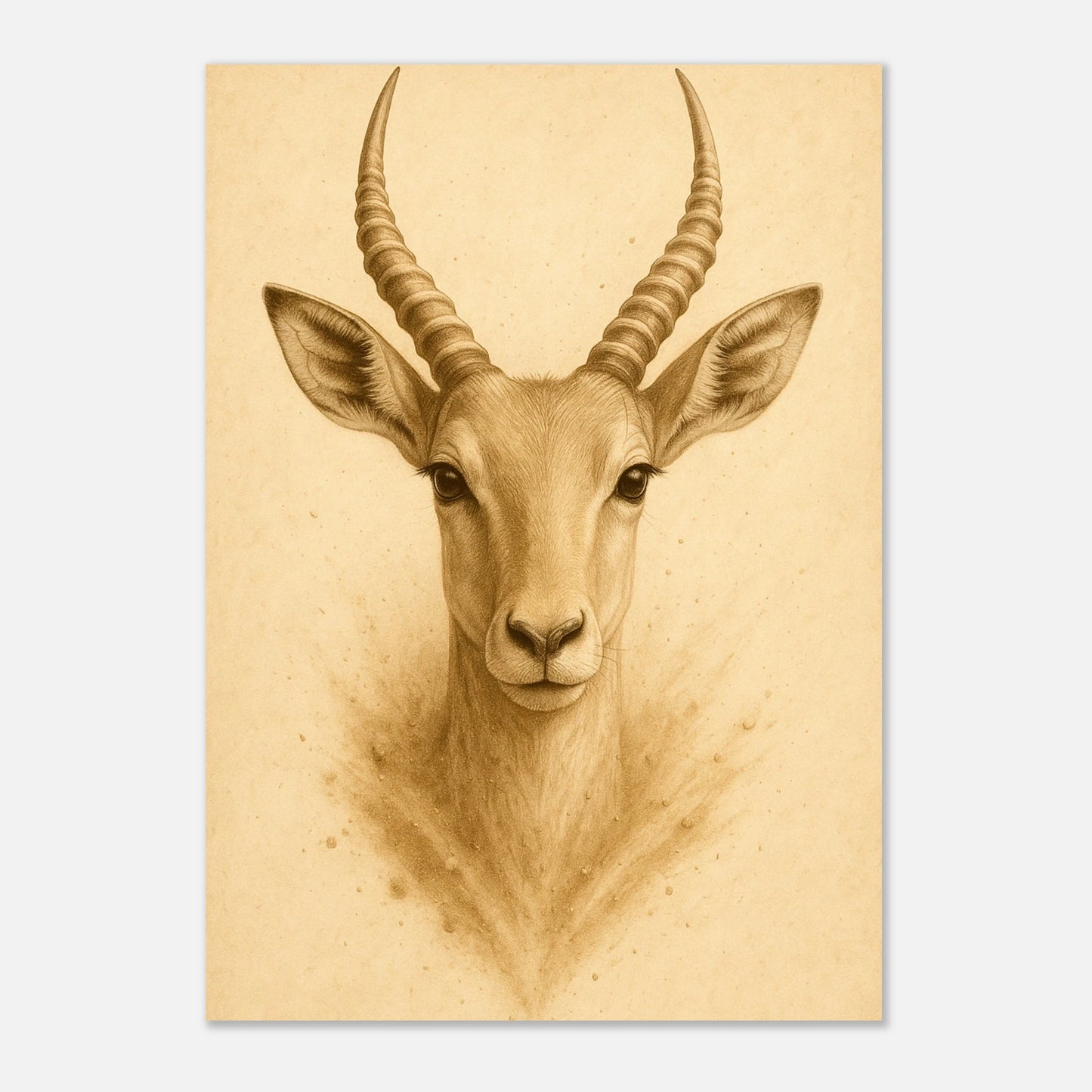 Antelope poster leaning on wooden table, wildlife wall art print for stylish home decoration.