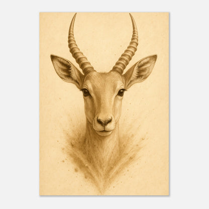 Antelope poster leaning on wooden table, wildlife wall art print for stylish home decoration.