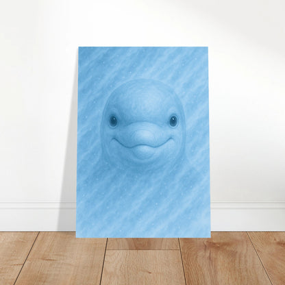 Aqua Mood Poster – stilvolle Delfin-Kunst in beruhigenden Blautönen im modernen Wohnzimmer.