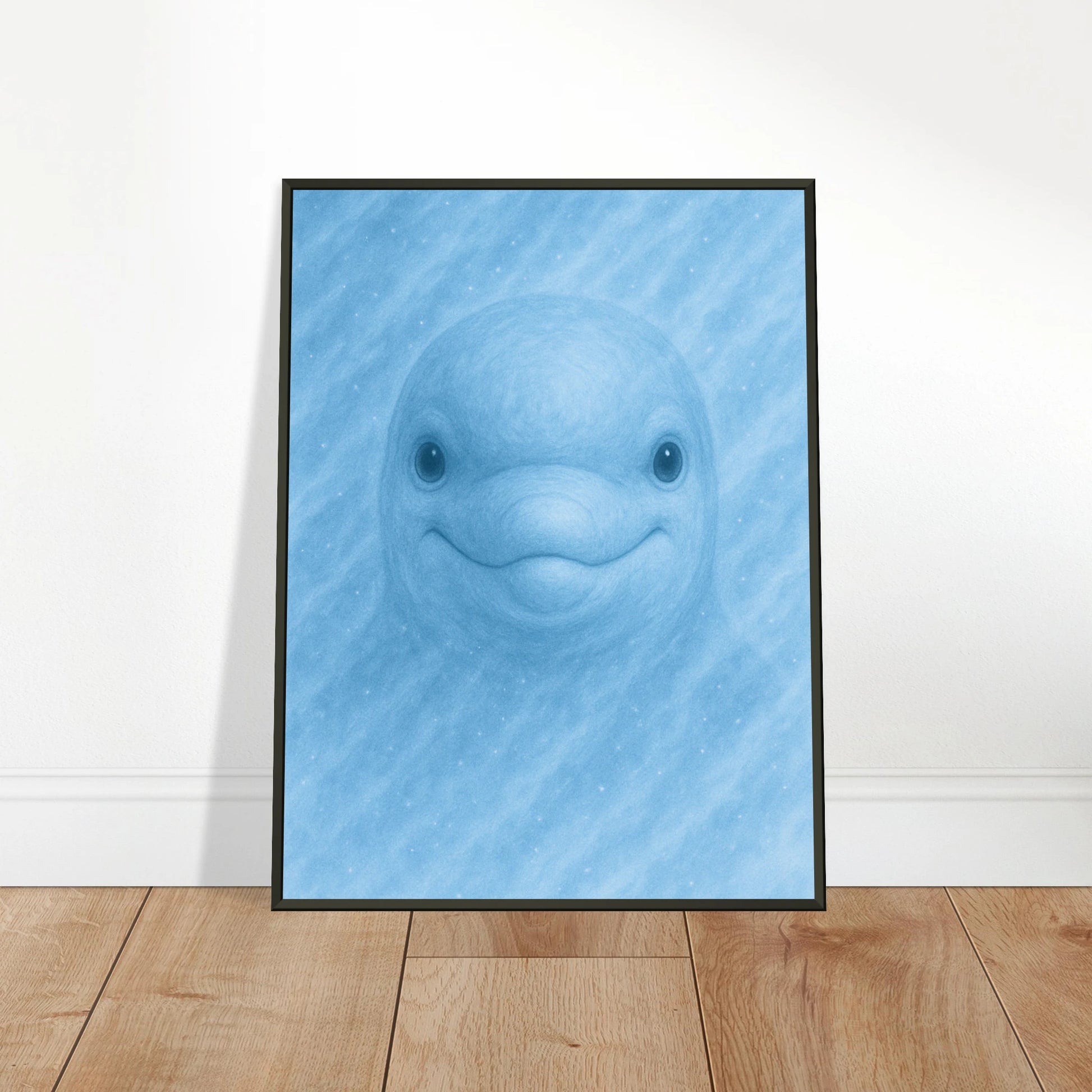 Aqua Mood Poster an die Wand gelehnt – stilvolle Delfin-Kunst im schwarzen Metallrahmen, harmonische maritime Dekoration | DEFA Designs
