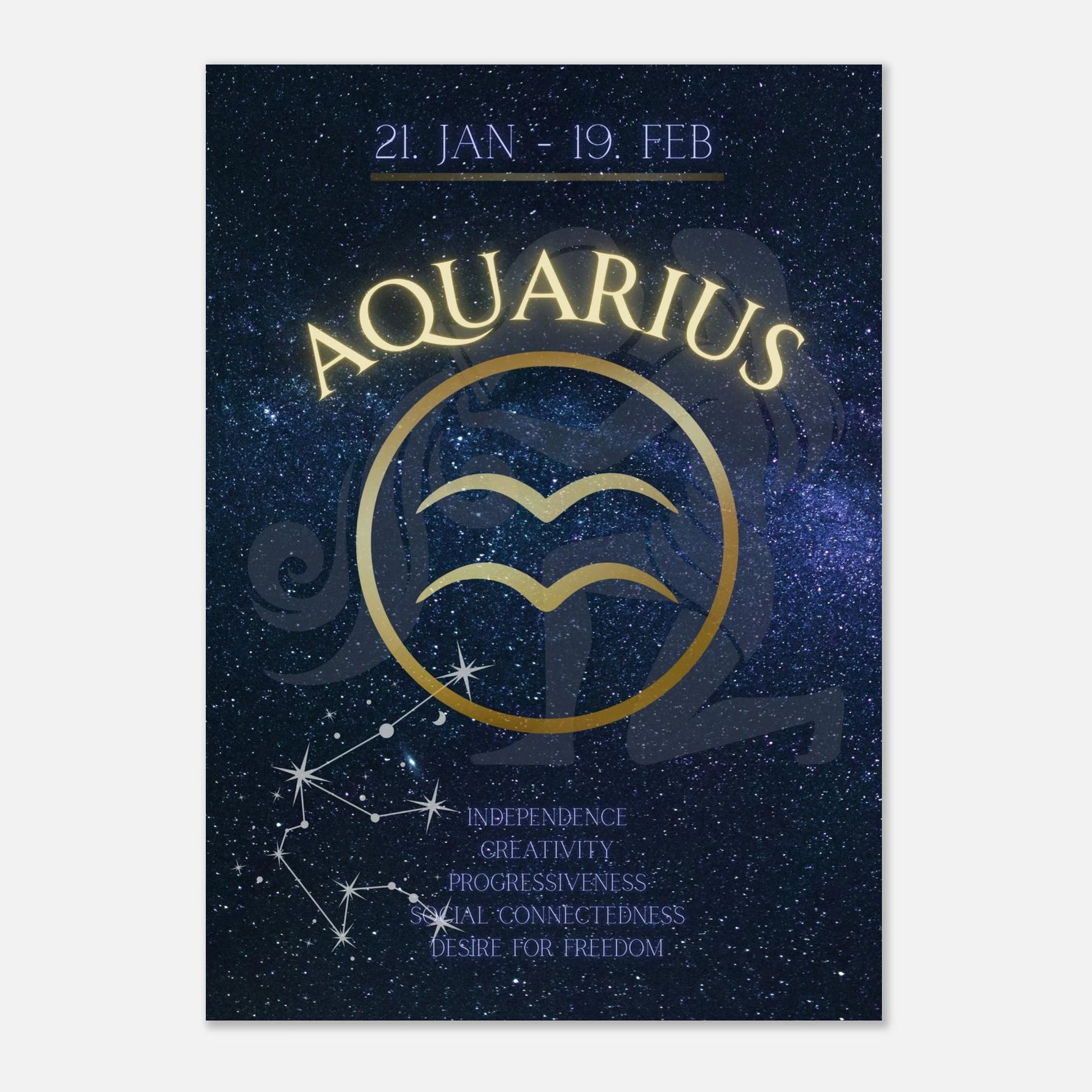 Astrology wall art print for Aquarius with gold title and starry sky