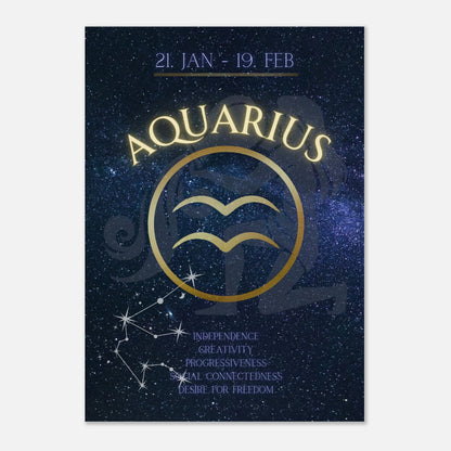 Aquarius zodiac sign poster with gold circle and deep blue space theme