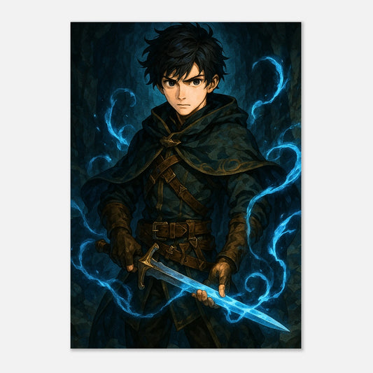 Arctic Warrior Poster – epische Fantasy-Kunst mit jungem Krieger und magischem Schwert voller blauer Energie