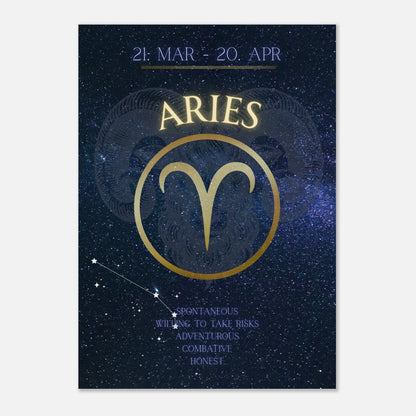 Wandkunst für das Feuerzeichen Aries – stilvolles Poster mit goldenem Widder-Symbol und astrologischen Eigenschaften
