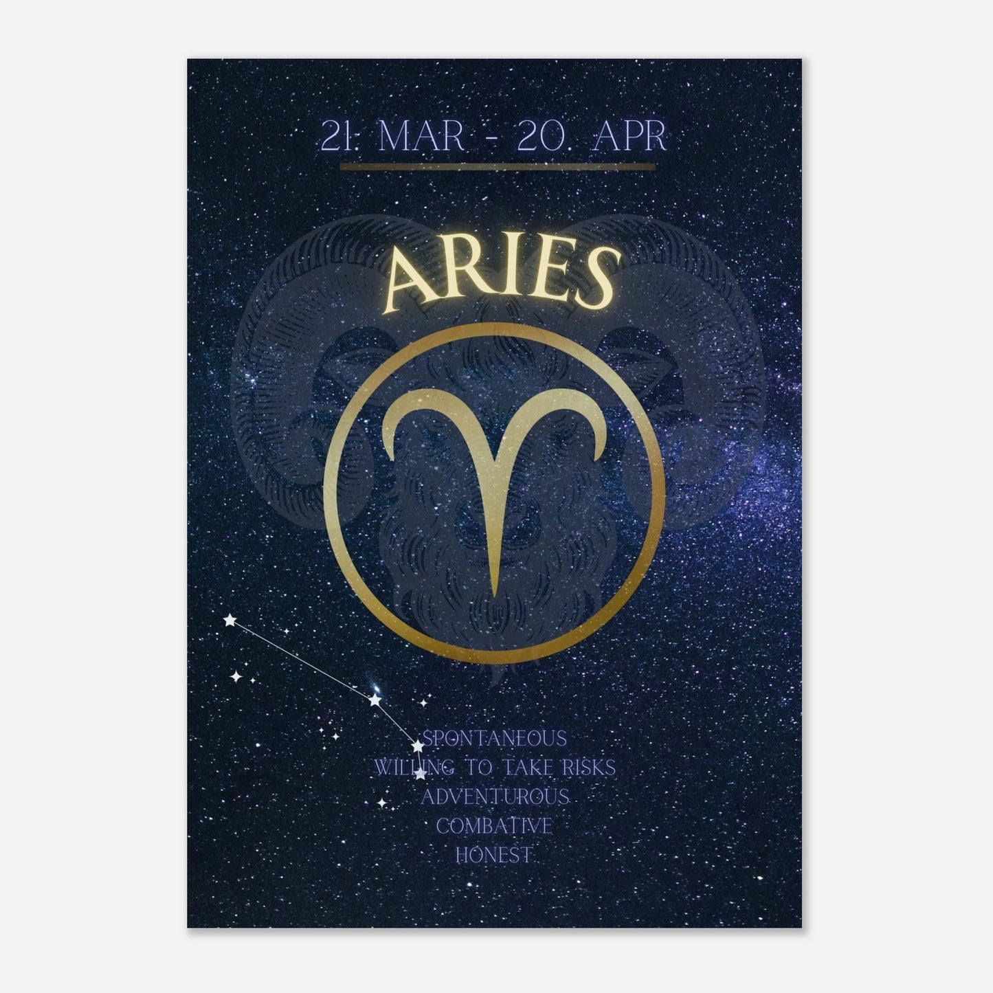 Aries Zodiac Poster – kraftvolles Sternzeichen-Wandbild in Dunkelblau und Gold mit Symbol, Datum und Charaktereigenschaften